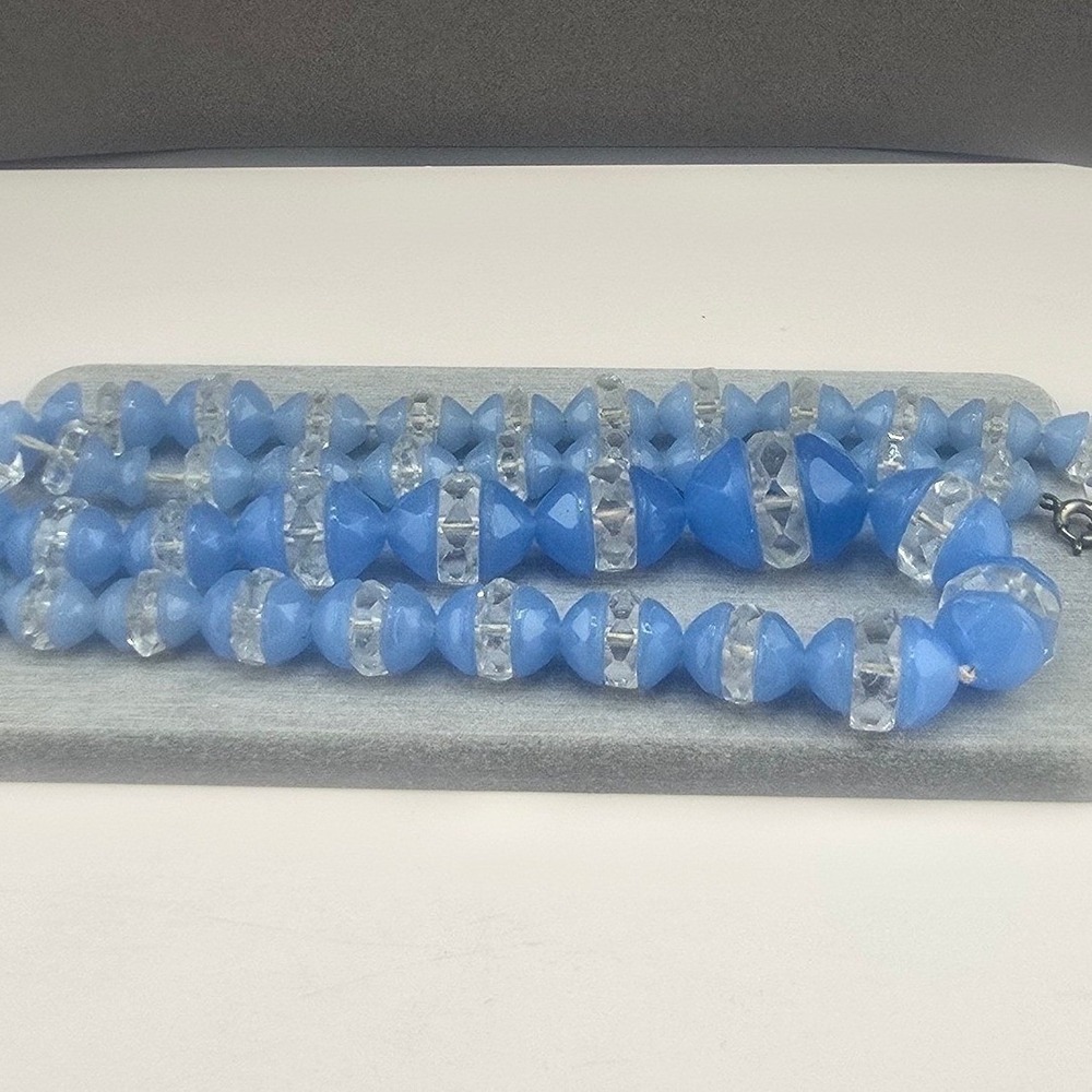 Vintage Estate Necklace Blue Clear Rhinestone Glass Faceted Beaded 16in
